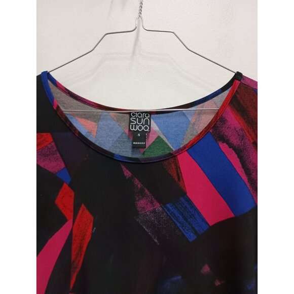 Clara Sun Woo Womens Tunic Top Small Multi Abstract Art Liquid Knit Angled Hem - Picture 2 of 6